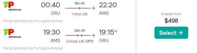 Summer flights from Sao Paulo, Brazil to Amsterdam, Netherlands for only $498 USD roundtrip with TAP Air Portugal. Flight deal ticket image.