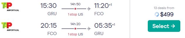 Cheap flights from Sao Paulo, Brazil to Rome, Italy for only $499 USD roundtrip with TAP Air Portugal. Flight deal ticket image.
