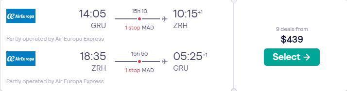 Summer flights from Sao Paulo, Brazil to Zurich, Switzerland for only $439 USD roundtrip with Air Europa. Flight deal ticket image.