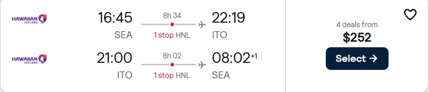 Click here to book this cheap flight deal. Cheap flights from Seattle to Hilo for only $252 roundtrip with Hawaiian Airlines. Also works in reverse. Flight deal ticket image.