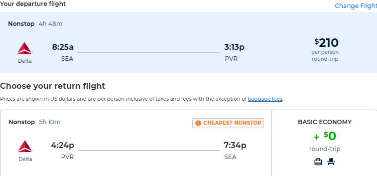 Non-stop flights from Seattle to Puerto Vallarta, Mexico for only $210 roundtrip with Delta Air Lines. Flight deal ticket image.