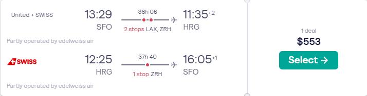 Cheap flights from San Francisco to Hurghada, Egypt for only $553 roundtrip with United Airlines and Swiss International Air Lines. Flight deal ticket image.