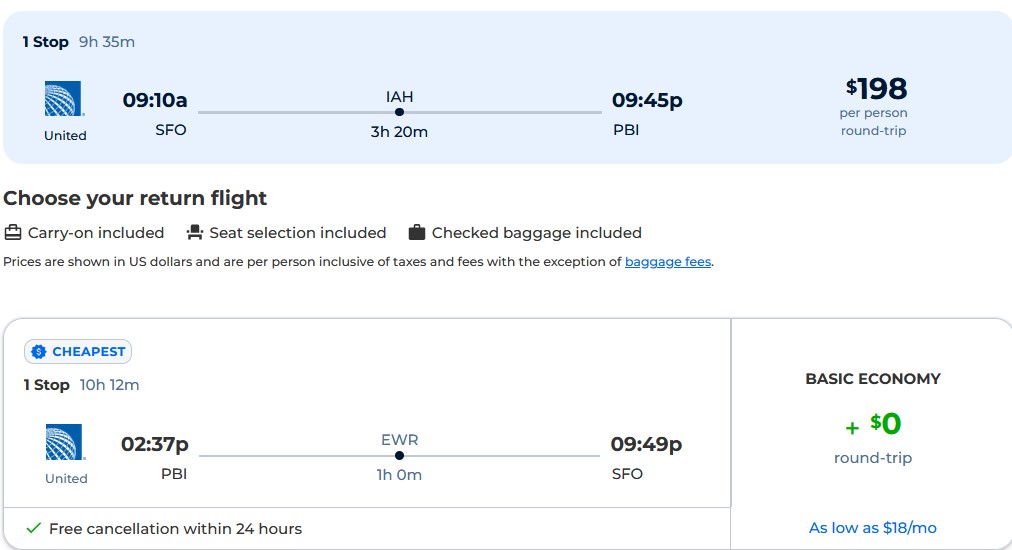 Cheap flights from San Francisco to West Palm Beach, Florida for only $198 roundtrip with United Airlines. Also works in reverse. Flight deal ticket image.