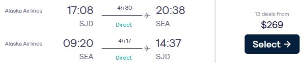 Non-stop flights from San Jose del Cabo, Mexico to Seattle, USA for only $269 USD roundtrip with Alaska Airlines. Flight deal ticket image.