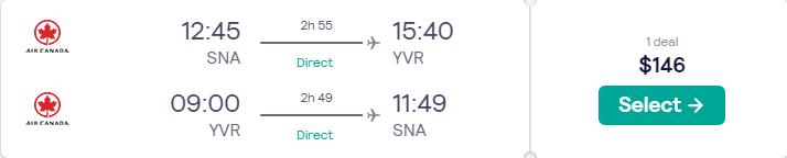 Non-stop flights from Santa Ana, California to Vancouver, Canada for only $146 roundtrip with Air Canada. Flight deal ticket image.