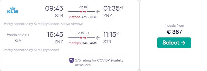 Cheap flights from Stuttgart or Munich, Germany to Zanzibar, Tanzania from only €367 roundtrip with KLM. Flight deal ticket image.