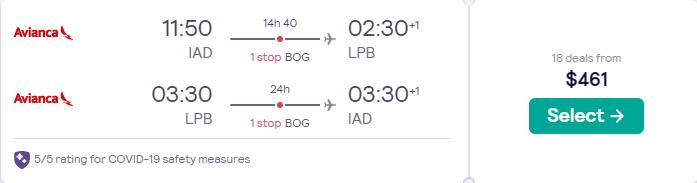 Click here to book this cheap flight deal. Cheap flights from Washington DC to La Paz, Bolivia for only $461 roundtrip with Avianca. Flight deal ticket image.