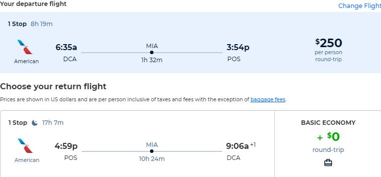 Cheap flights from Washington DC to Trinidad for only $250 roundtrip with American Airlines. Flight deal ticket image.
