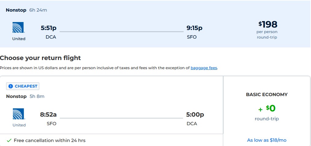 Non-stop flights from Washington DC to San Francisco for only $198 roundtrip with United Airlines. Also works in reverse. Flight deal ticket image.