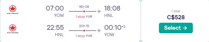 Cheap flights from Ottawa, Canada to Honolulu, Hawaii for only $528 CAD roundtrip with Air Canada. Flight deal ticket image.