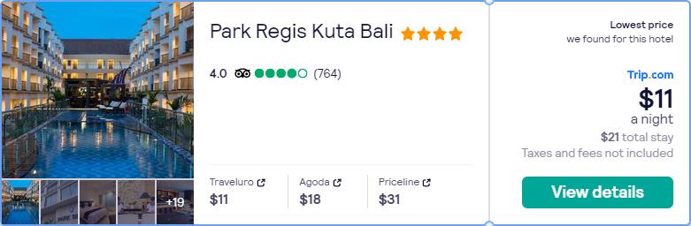 Stay at the 4* Park Regis Kuta Bali in Bali, Indonesia for only $10 USD per night. Flight deal ticket image.