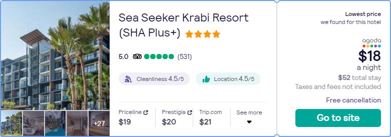 Stay at the 4* Sea Seeker Krabi Resort (SHA Plus+) in Krabi, Thailand for only $17 USD per night. Flight deal ticket image.