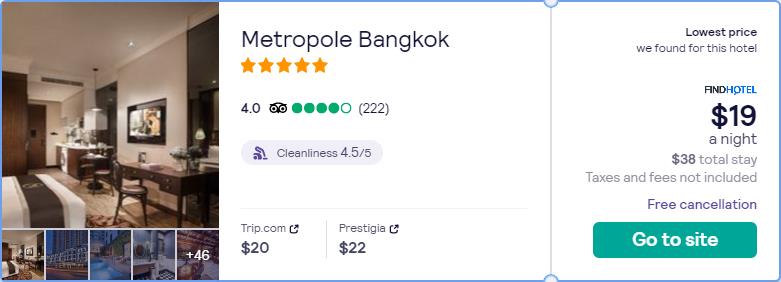Stay at the 5* Metropole Bangkok in Bangkok, Thailand for only $19 USD per night. Flight deal ticket image.