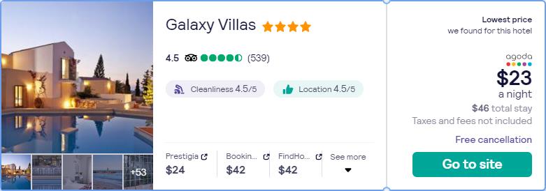 Stay at the 4* Galaxy Villas in Greece for only $23 USD per night. Flight deal ticket image.