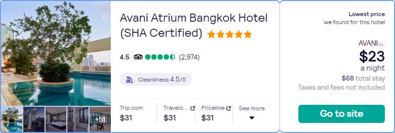 Stay at the 5* Avani Atrium Bangkok Hotel (SHA Certified) in Bangkok, Thailand for only $23 USD per night. Flight deal ticket image.