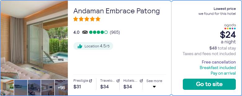 Stay at the 5* Andaman Embrace Patong in Phuket, Thailand for only $24 USD per night. Flight deal ticket image.