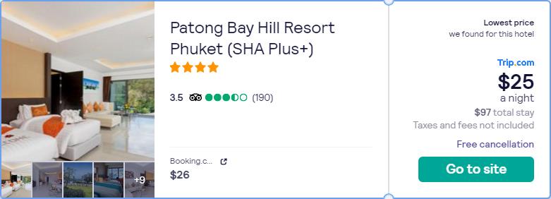 Stay at the 4* Patong Bay Hill Resort Phuket (SHA Plus+) in Phuket, Thailand for only $25 USD per night. Flight deal ticket image.