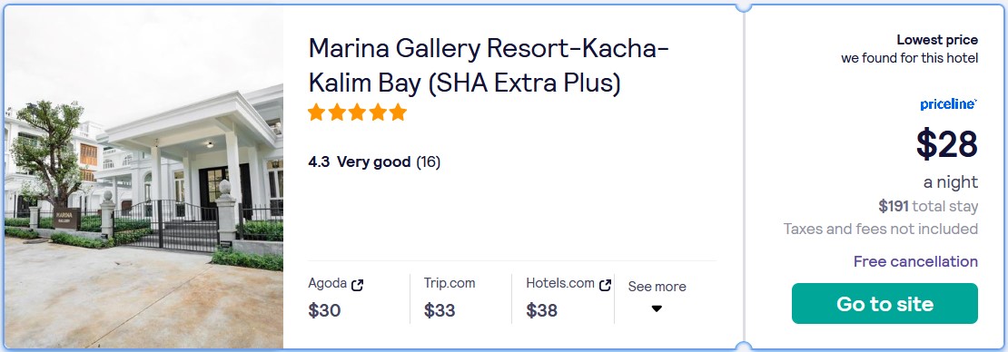 Stay at the 5* Marina Gallery Resort-Kacha-Kalim Bay (SHA Extra Plus) in Phuket, Thailand for only $28 USD per night. Flight deal ticket image.