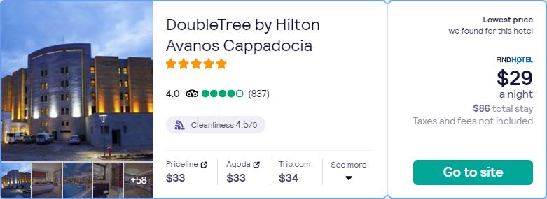 Stay at the 5* DoubleTree by Hilton Avanos Cappadocia in Cappadocia, Turkey for only $29 USD per night. Flight deal ticket image.