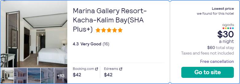 Stay at the 5* Marina Gallery Resort-Kacha-Kalim Bay(SHA Plus+) in Phuket, Thailand for only $30 USD per night. Flight deal ticket image.