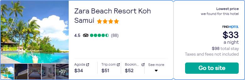 Stay at the 4* Zara Beach Resort Koh Samui in Koh Samui, Thailand for only $34 USD per night. Flight deal ticket image.