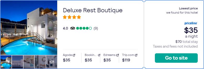 Stay at the 4* Deluxe Rest Boutique in Santorini, Greece for only $35 USD per night. Flight deal ticket image.