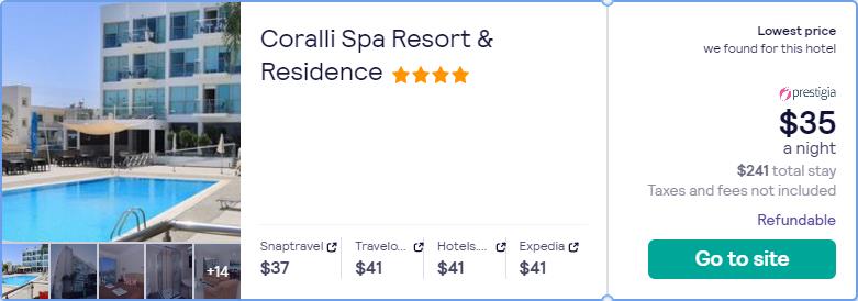 Stay at the 4* Coralli Spa Resort & Residence in  Protaras, Cyprus for only $35 USD per night. Flight deal ticket image.
