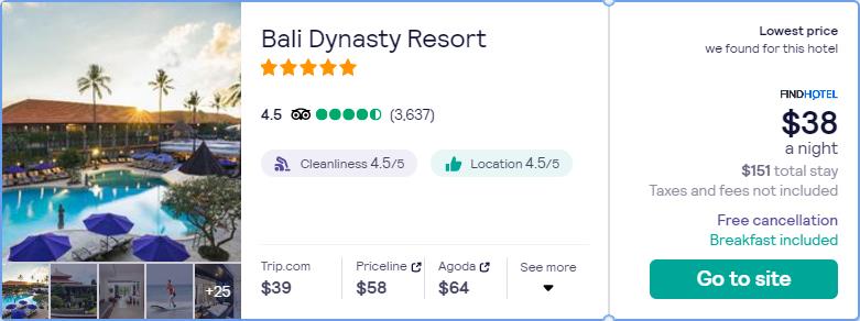 Stay at the 5* Bali Dynasty Resort in Bali, Indonesia for only $38 USD per night. Flight deal ticket image.