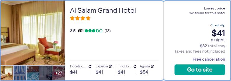 Stay at the 4* Al Salam Grand Hotel in Sharjah, UAE for only $41 USD per night. Flight deal ticket image.