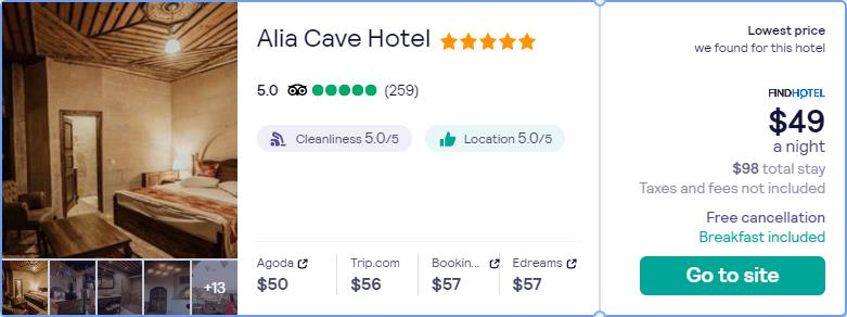 Click here to book this cheap flight deal. Stay at the 5* Alia Cave Hotel in Nevsehir, Turkey for only $49 USD per night. Flight deal ticket image.