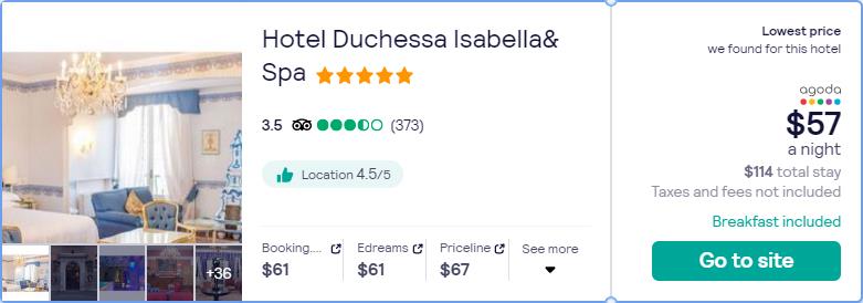 Stay at the 5* Hotel Duchessa Isabella& Spa in Ferrara, Italy for only $57 USD per night. Flight deal ticket image.