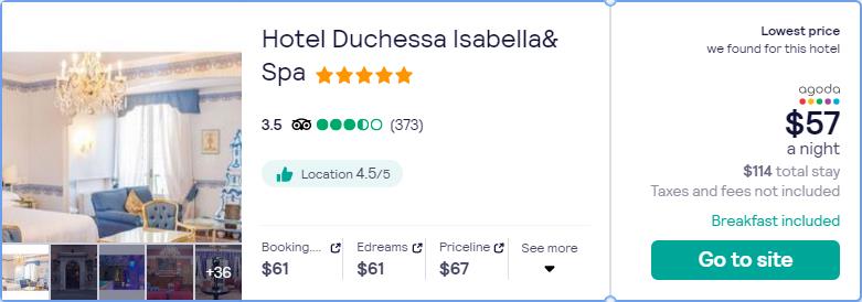 Click here to book this cheap flight deal. Stay at the 5* Hotel Duchessa Isabella& Spa in Ferrara, Italy for only $57 USD per night. Flight deal ticket image.
