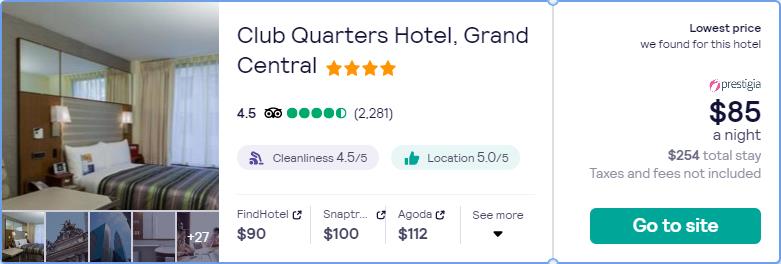 Stay at the 4* Club Quarters Hotel, Grand Central in New York, USA for only $85 USD per night. Flight deal ticket image.