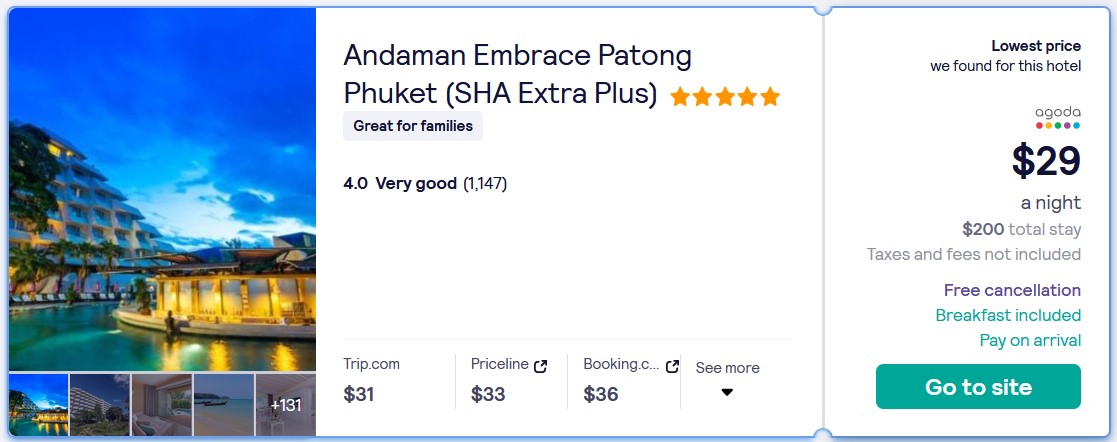 Stay at the 5* Andaman Embrace Patong Phuket (SHA Extra Plus) in Phuket, Thailand for only $29 USD per night. Flight deal ticket image.