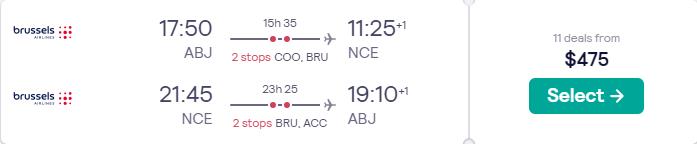 Cheap flights from Abidjan, Ivory Coast to Nice, France for only $475 USD roundtrip with Brussels Airlines. Flight deal ticket image.