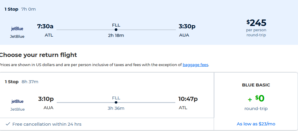 Cheap flights from Atlanta or Nashville to Aruba from only $245 roundtrip with JetBlue. Flight deal ticket image.