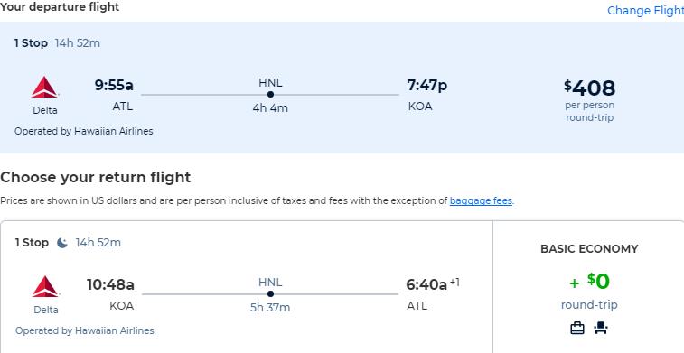 Cheap flights from Atlanta to Kona, Hawaii for only $408 roundtrip with Delta Air Lines. Also works in reverse. Flight deal ticket image.