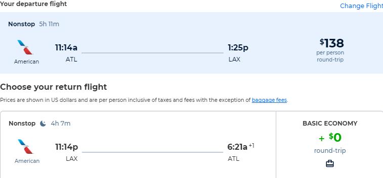 Non-stop flights from Atlanta to Los Angeles for only $138 roundtrip with American Airlines. Also works in reverse. Flight deal ticket image.