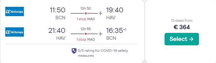 Cheap flights from Barcelona, Spain to Havana, Cuba for only €364 roundtrip with Air Europa. Flight deal ticket image.