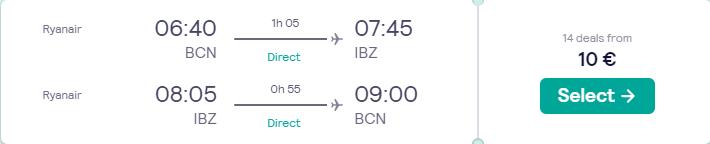 Non-stop flights from Barcelona to Ibiza, Spain for only €10 roundtrip. Flight deal ticket image.