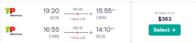 Cheap flights from Boston or Miami to Casablanca, Morocco from only $363 roundtrip with TAP Air Portugal. Flight deal ticket image.