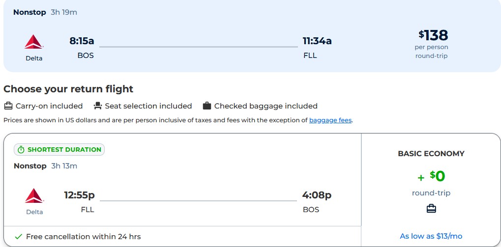 Non-stop flights from Boston to Fort Lauderdale for only $138 roundtrip with Delta Air Lines. Also works in reverse. Flight deal ticket image.