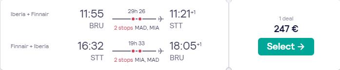 Cheap flights from Brussels, Belgium to the US Virgin Islands for only €247 roundtrip with Iberia and Finnair. Flight deal ticket image.