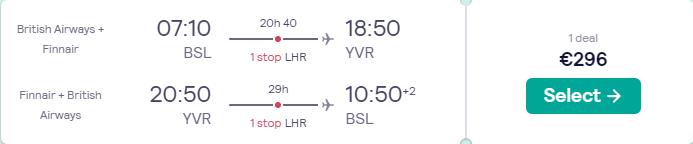 Cheap flights from European cities to Vancouver, Canada from only €296 roundtrip with British Airways. Flight deal ticket image.