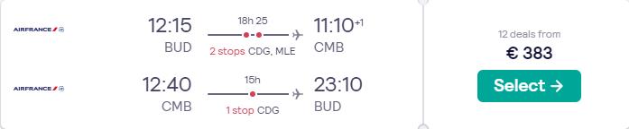 Cheap flights from Budapest, Hungary to Colombo, Sri Lanka for only €383 roundtrip with Air France. Flight deal ticket image.