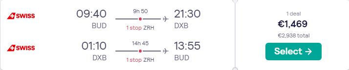 First Class flights from Budapest, Hungary to Dubai, UAE for only €1469 roundtrip with Swiss International Air Lines. Flight deal ticket image.