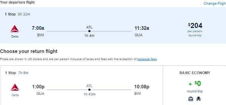 Cheap flights from Baltimore to Guatemala City, Guatemala for only $204 roundtrip with Delta Air Lines. Flight deal ticket image.
