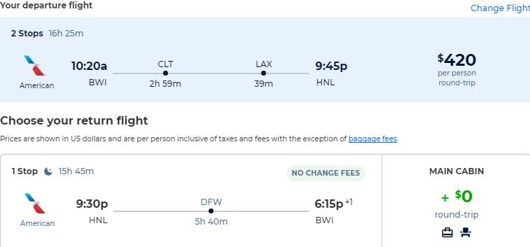 Cheap flights from Baltimore to Honolulu, Hawaii for only $420 roundtrip with American Airlines. Also works in reverse. Flight deal ticket image.