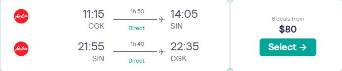 Non-stop flights from Jakarta, Indonesia to Singapore for only $80 USD roundtrip. Flight deal ticket image.