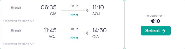 Non-stop, last minute flights from Rome, Italy to Aqaba, Jordan for only €10 roundtrip. Flight deal ticket image.